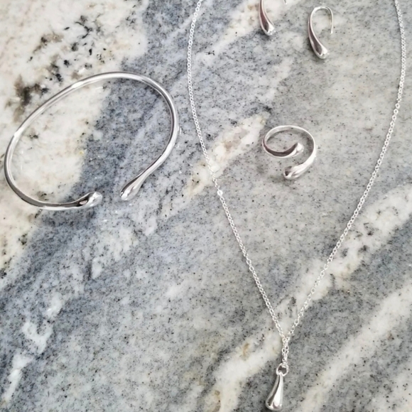 .925 stamped plated teardrop necklace bracelet earrings adjustable ring set - Picture 4 of 9